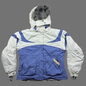Vintage Oxide Ski Jacket Womens Large White/Blue Fur Trim Insulated Snowboard